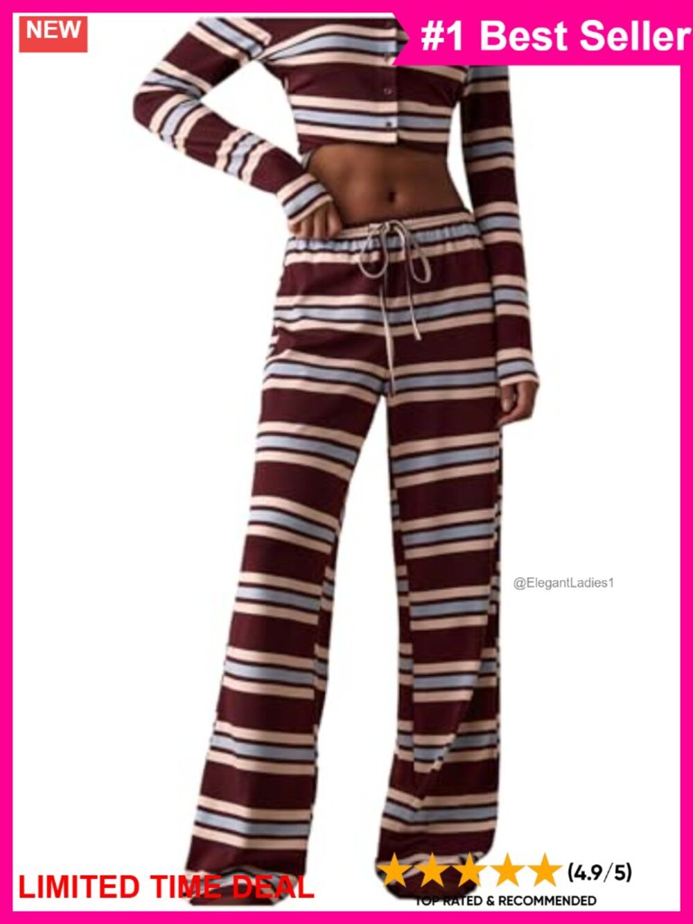 Women's Wide Leg Striped Sleep Lounge Pants Drawstring Lightweight